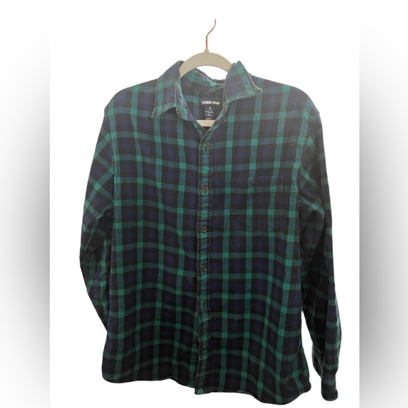 Lands End Shirt Mens Medium Blue Green Plaid Flannel Button Up Long Sleeve - Picture 1 of 3